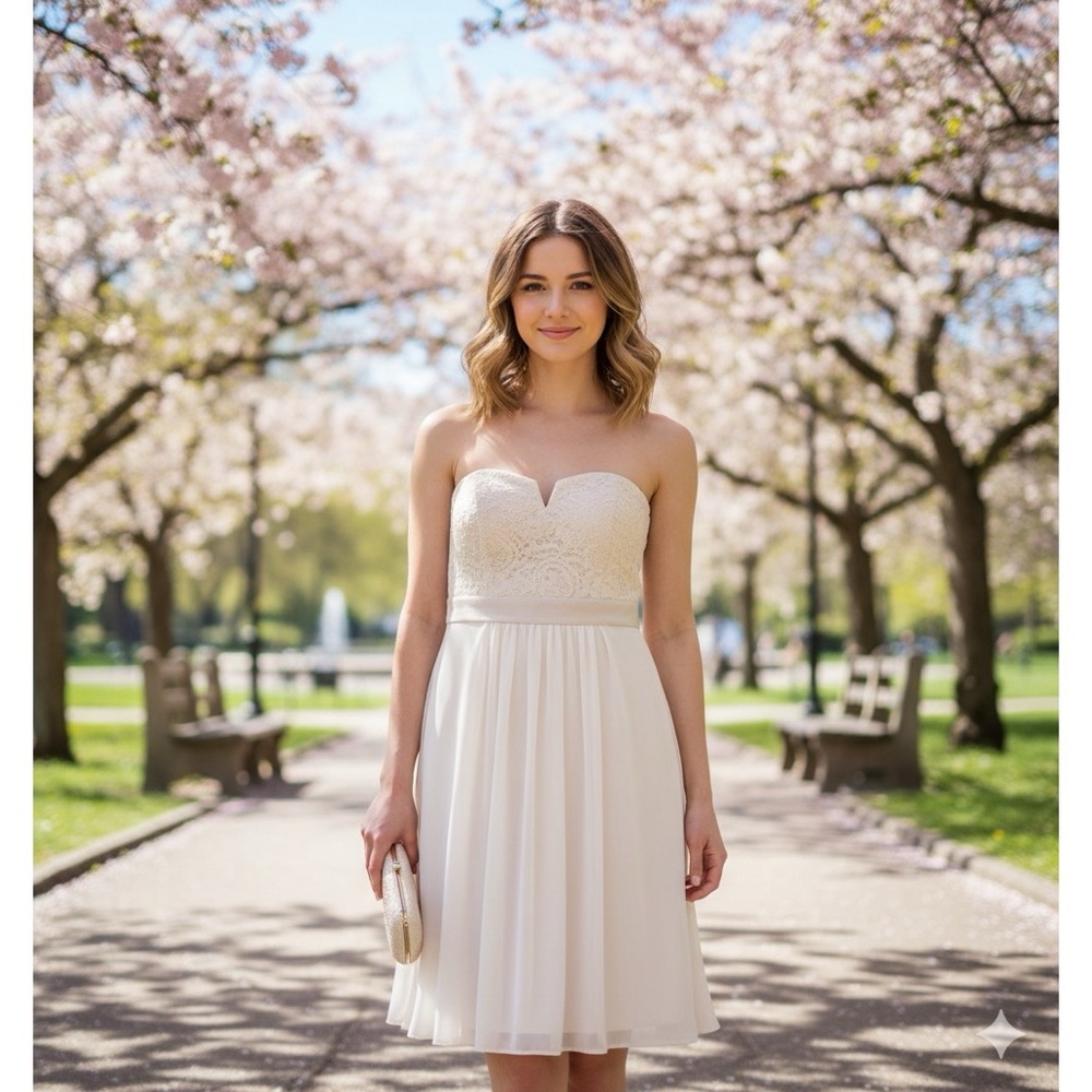 ADRIANNA PAPELL Almond Strapless Stretch‎ Tulle Lace Dress